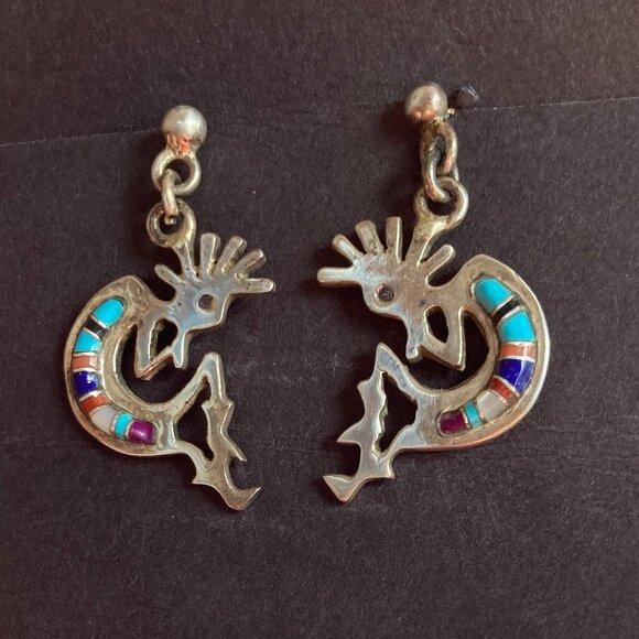 Vintage Zuni Kokopelli Earrings Inlay Sterling Silver Stamped - Picture 1 of 3